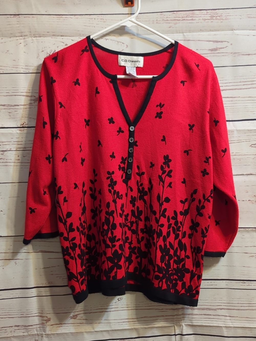 C.D. Daniels Red & Black Floral Button Knit Top
